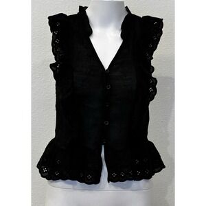 Rebellion Womens Boho Black Sheer Eyelet‎ Romantic Top Size M Ruffle Festival